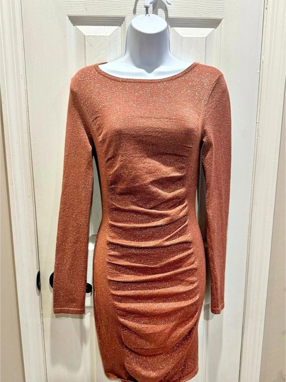 Express Metallic Ruched Long Sleeve Dress Brown Size Small
